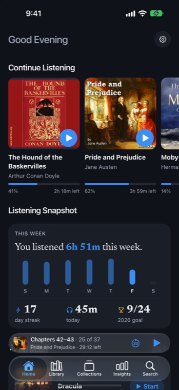 AudioNest's Home: Continue Listening with The Hound of the Baskervilles and Pride and Prejudice, and this week's listening